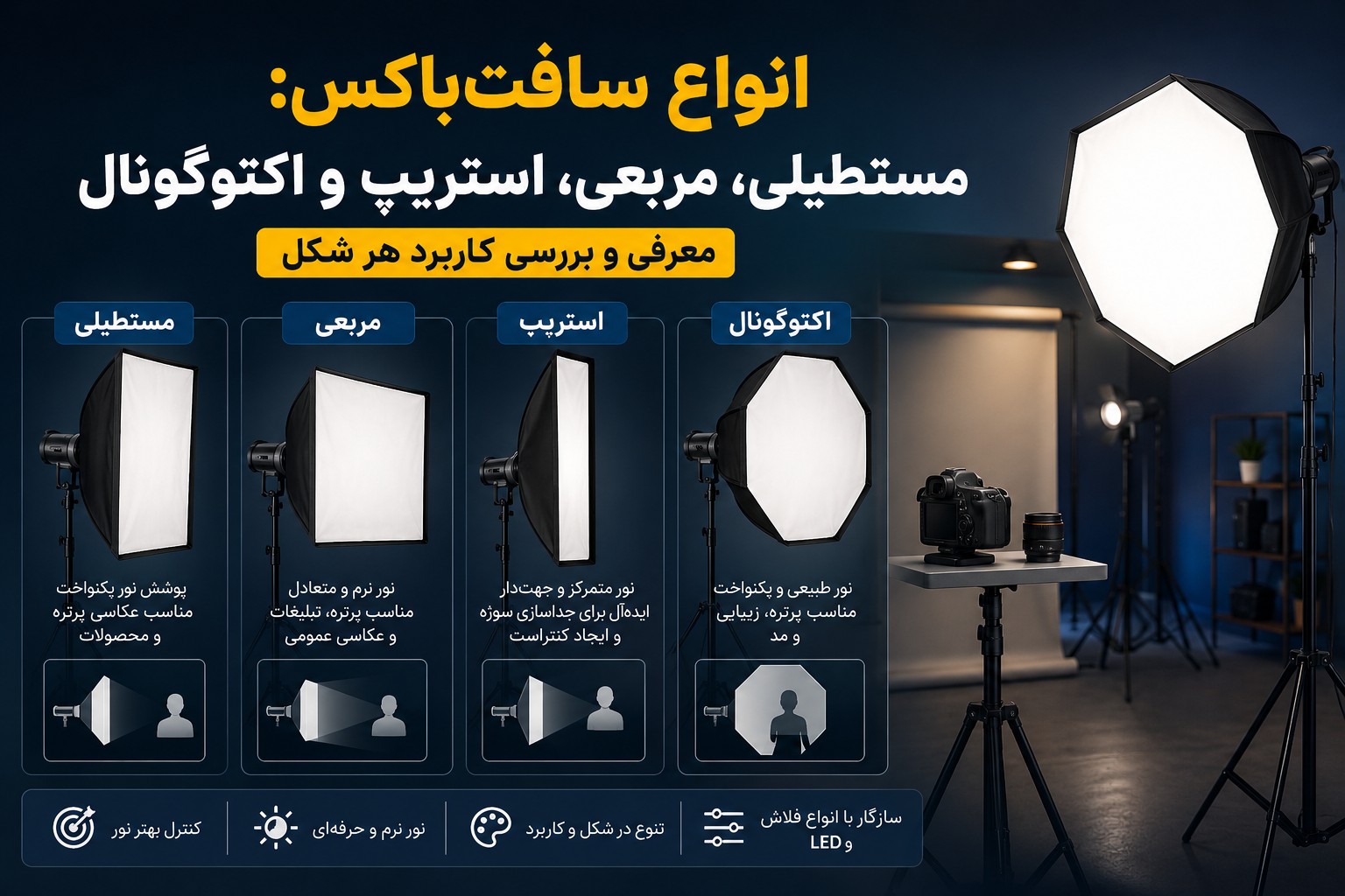 انواع سافت‌باکس: مستطیلی، مربعی، استریپ و اکتوگونال – معرفی و بررسی کاربرد هر شکل