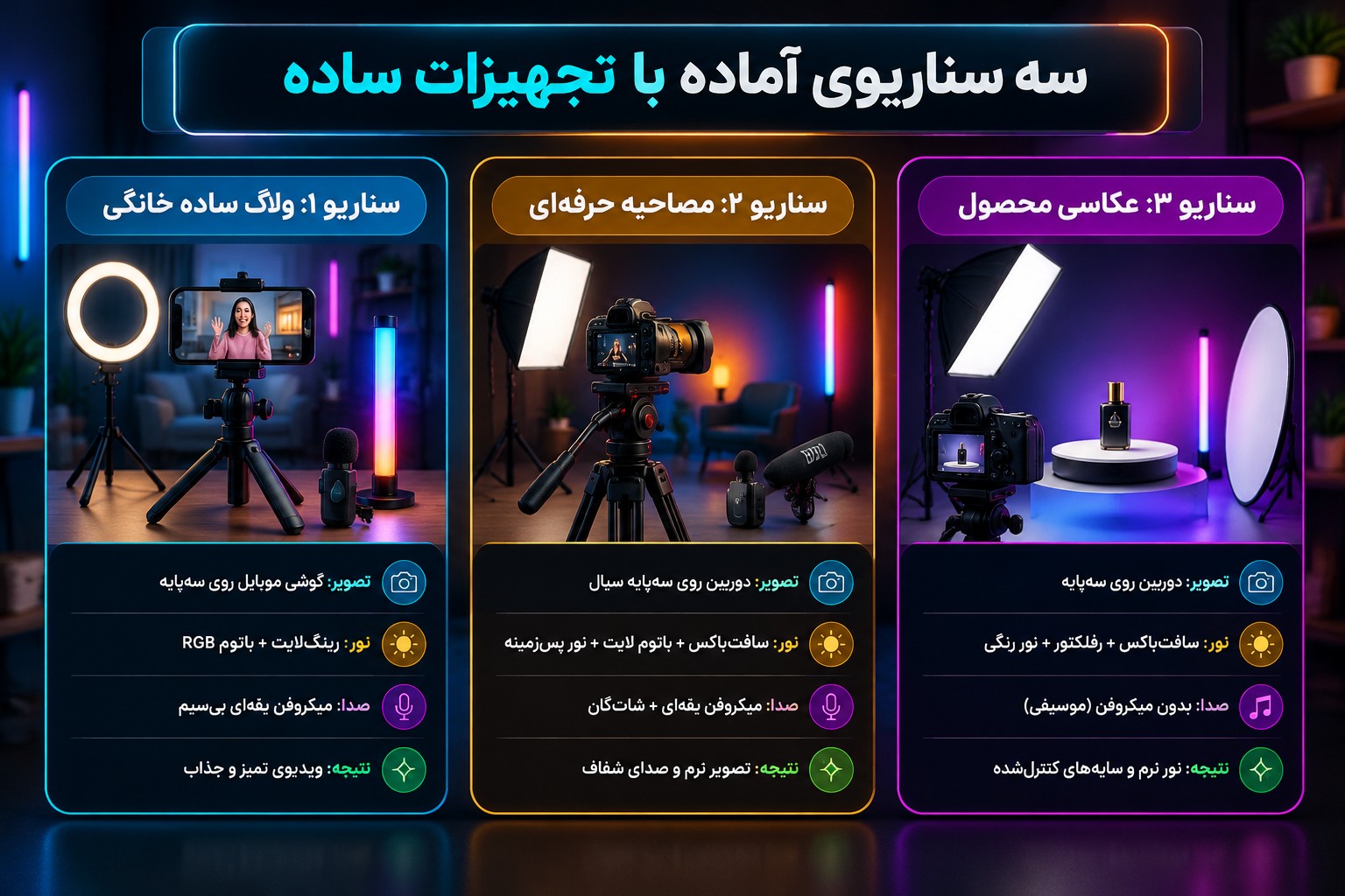 سه سناریوی آماده‌سازی برای یک ویدیوی حرفه‌ای با تجهیزات ساده 
