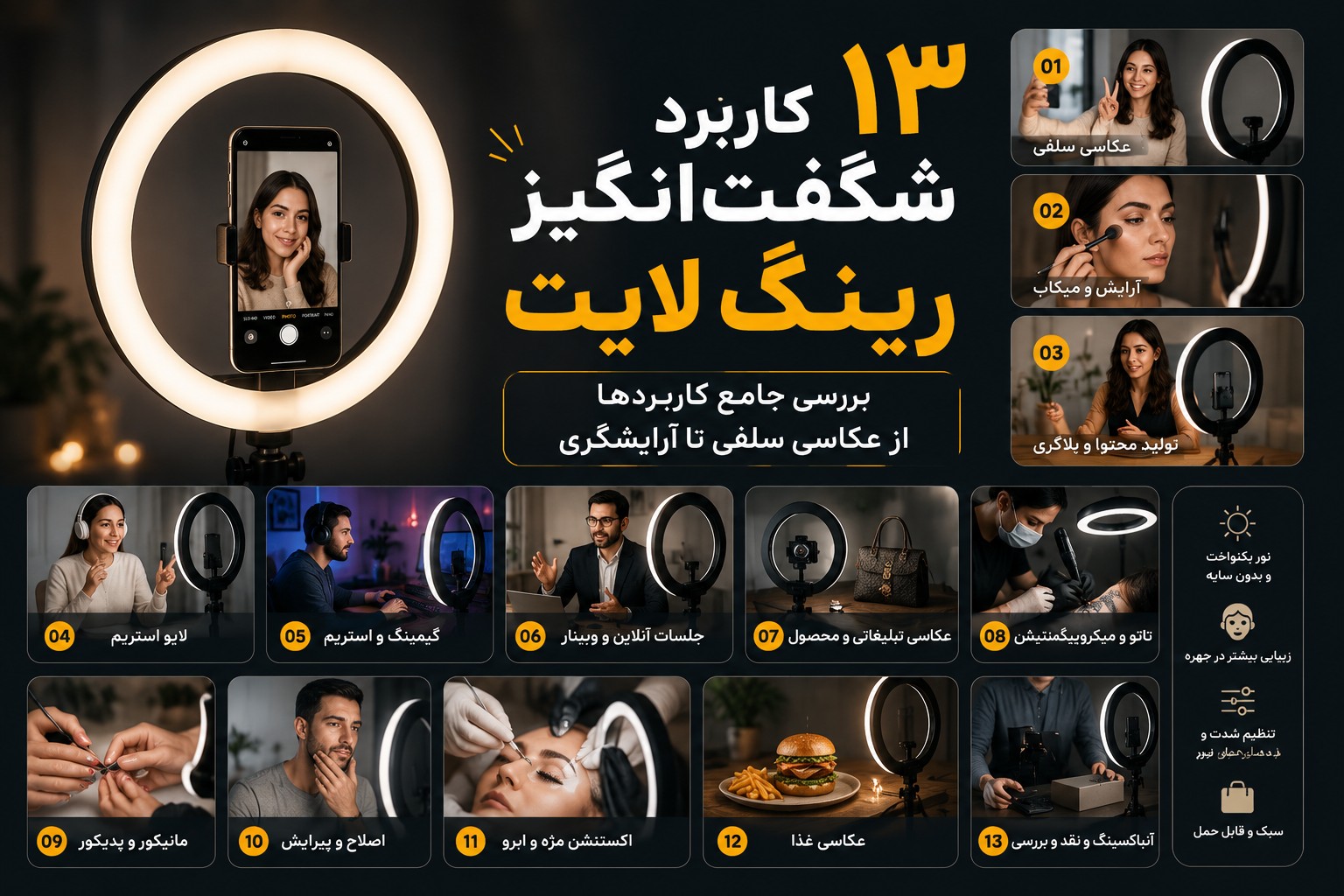 ۱۳ کاربرد شگفت‌انگیز رینگ لایت – بررسی جامع کاربردها از عکاسی سلفی تا آرایشگری