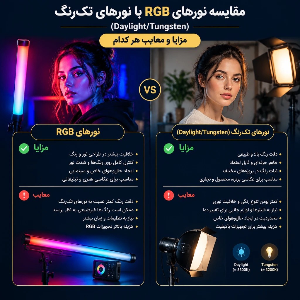 مقایسه نورهای RGB با نورهای تک‌رنگ (Daylight/Tungsten) – مزایا و معایب هر کدام