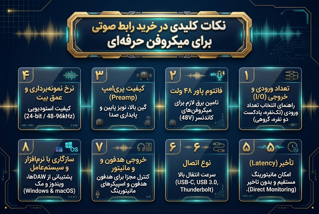 اینفوگراف: نکات کلیدی در خرید رابط صوتی برای میکروفن حرفه‌ای