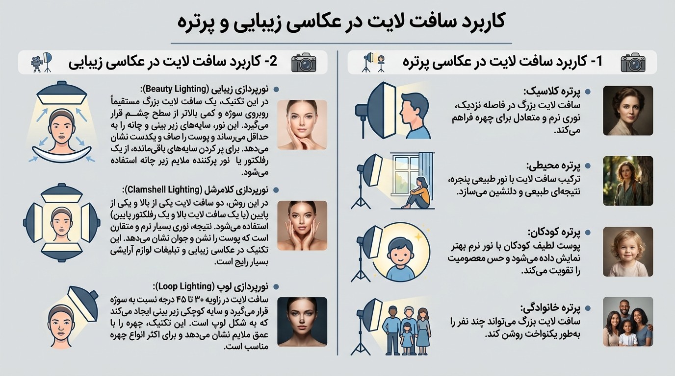 اینفوگراف: کاربرد سافت لایت در عکاسی زیبایی و پرتره